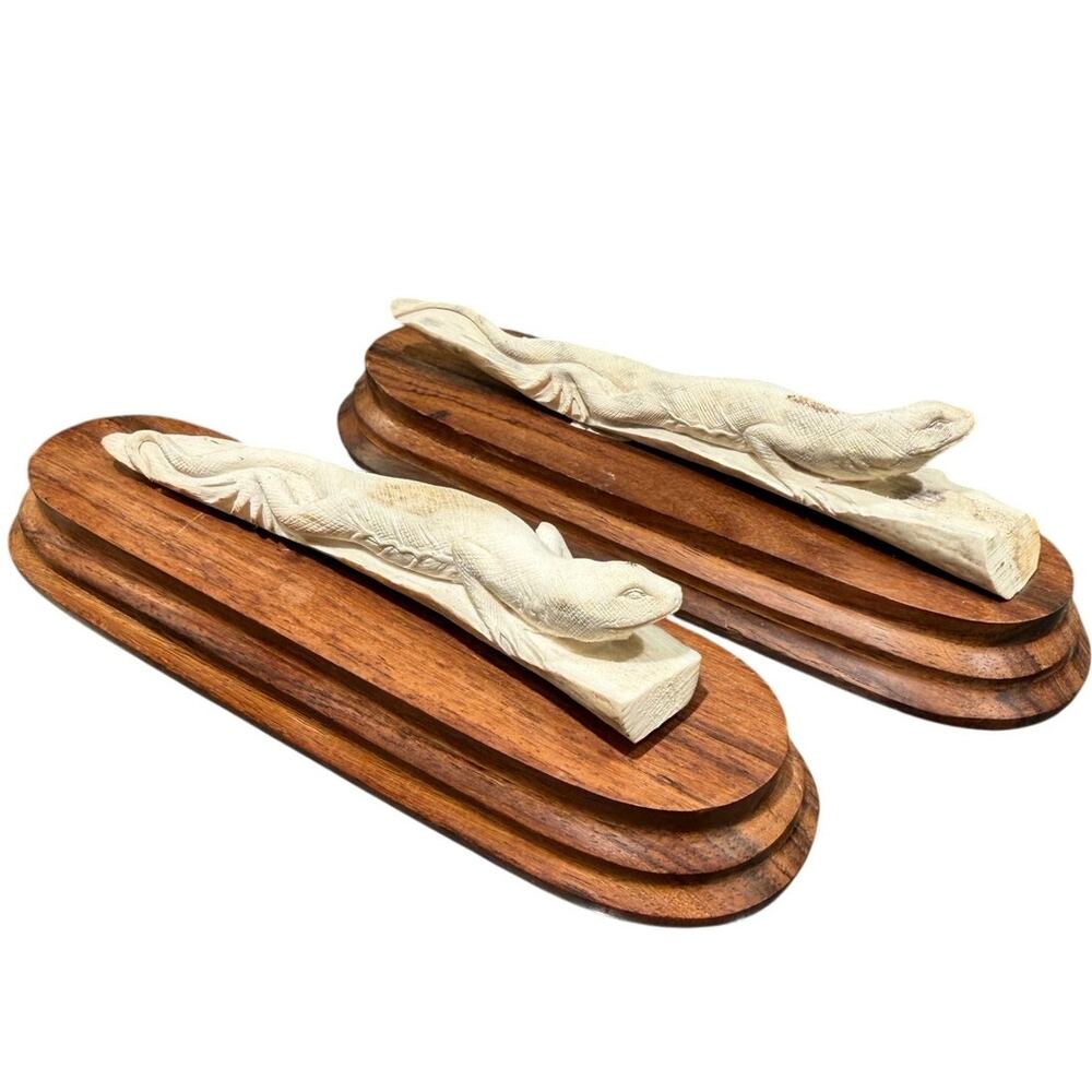Pair Signed Hand Carved Bone Monitor Lizard Sculptures Walnut Bases Wildlife Art